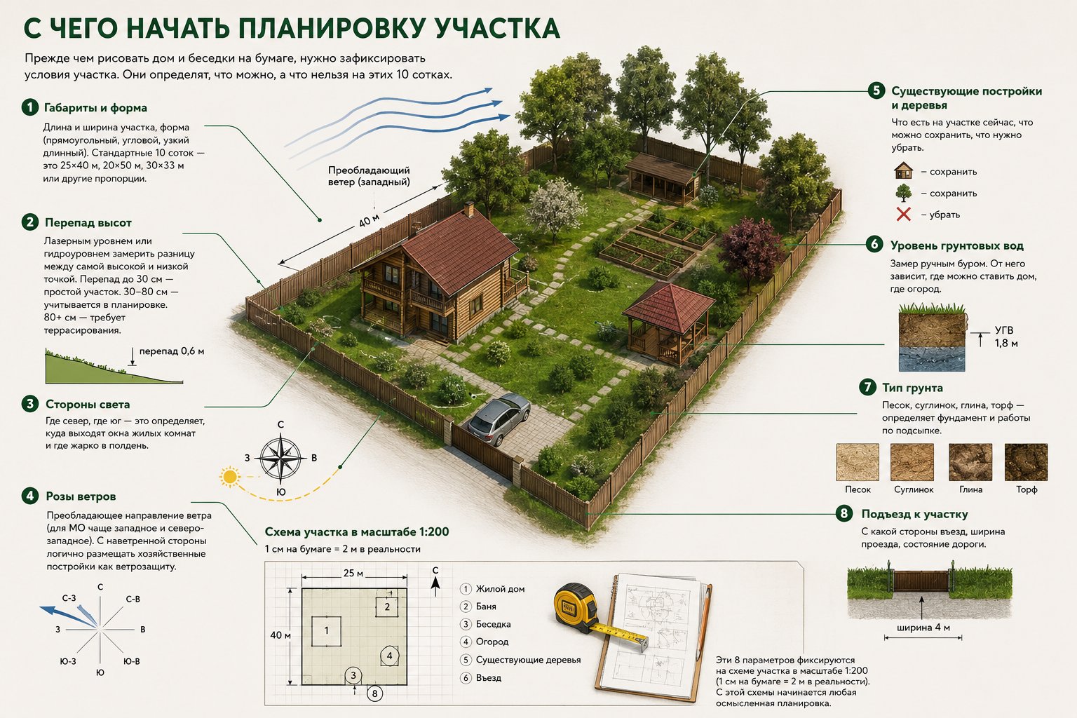 Инфографика: с чего начать планировку участка — габариты, перепад высот, стороны света, розы ветров, постройки, УГВ, тип грунта, подъезд